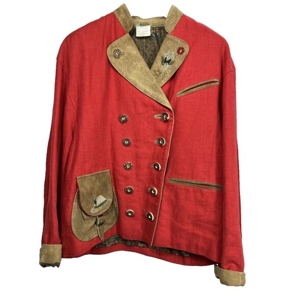 Meindl Red linen Bavarian jacket embroidery Edelweis Horn Buttons Alpine Dirndl - Picture 1 of 6